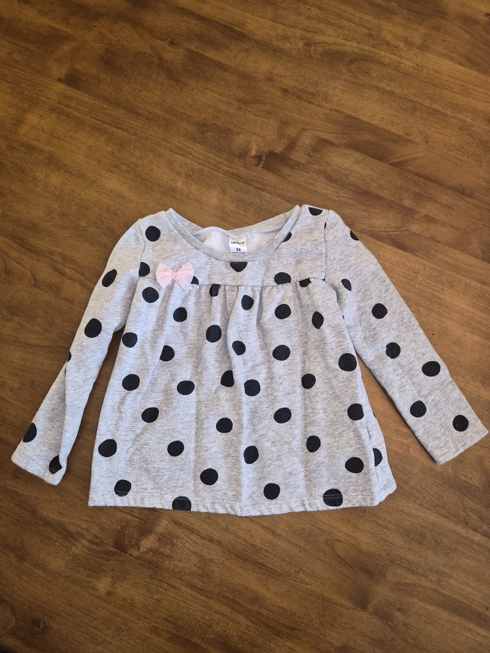 Heather Gray Long-Sleeve Shirt with Black Polka Dots and Pink Bow Accent 5T